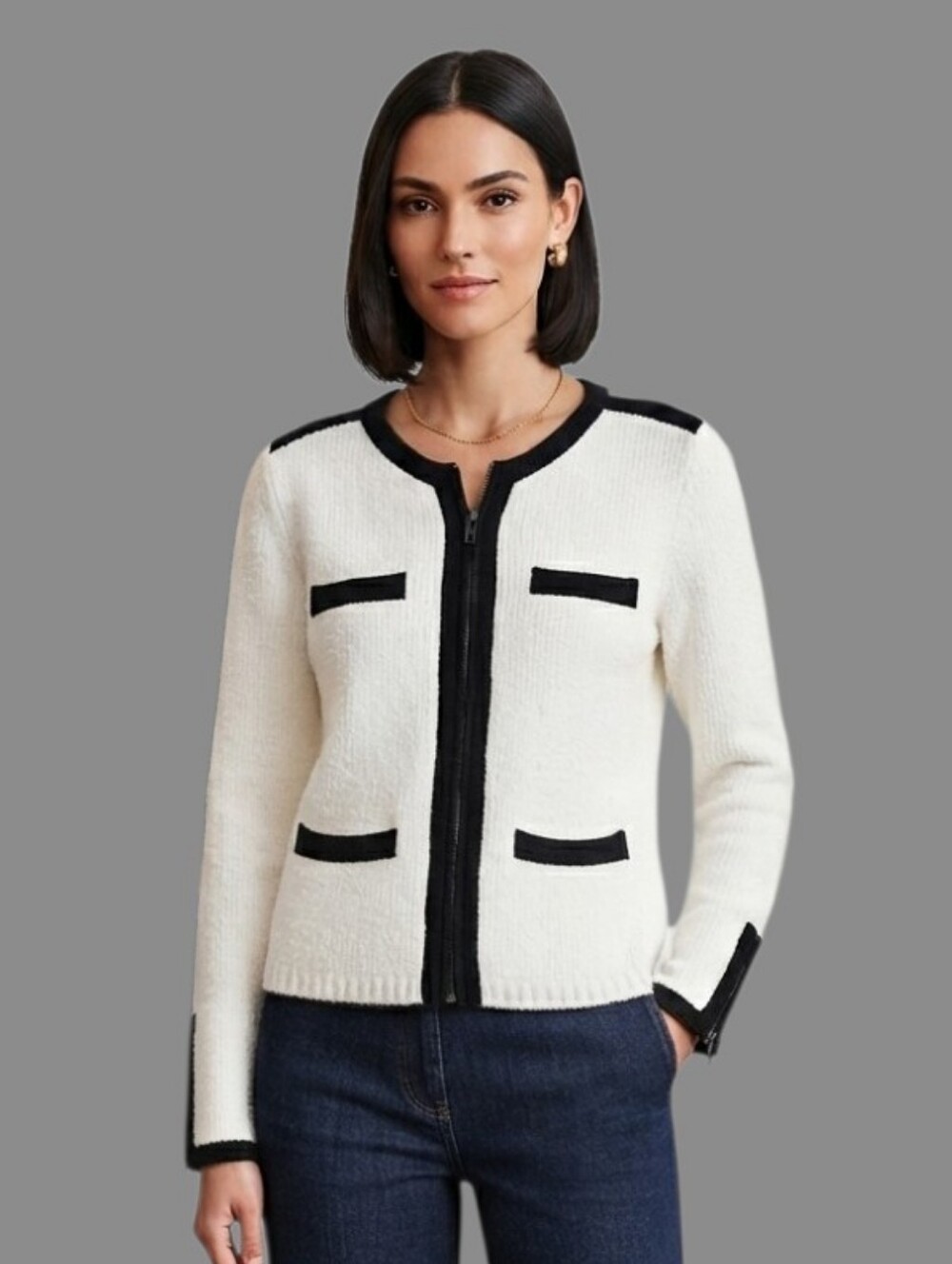 Ann Taylor Wool Knit Cardigan Cream Black Trim Zip Detail Career Medium
